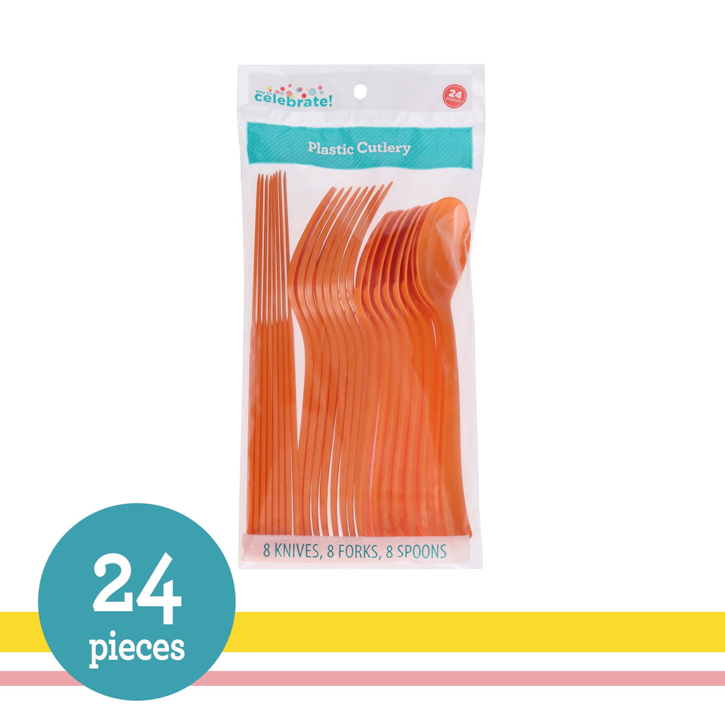 Plastic Disposable Cutlery Set, Tangerine, 24 Pieces, by Way To Celebrate