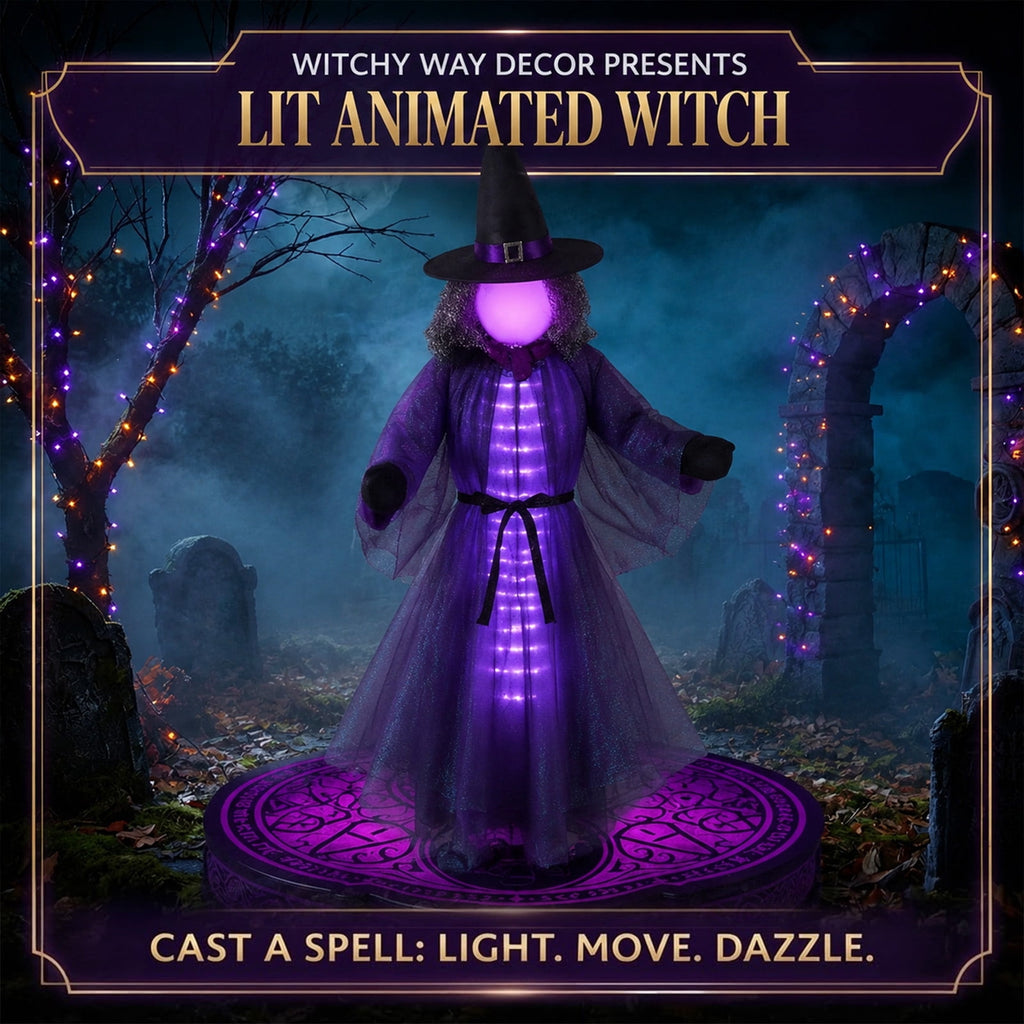 Halloween Lit Animated Witches, Halloween Purple Witch Decorations with 30 LED Lights, Cloth Hanging Decor for Porch Entryway Yard Party