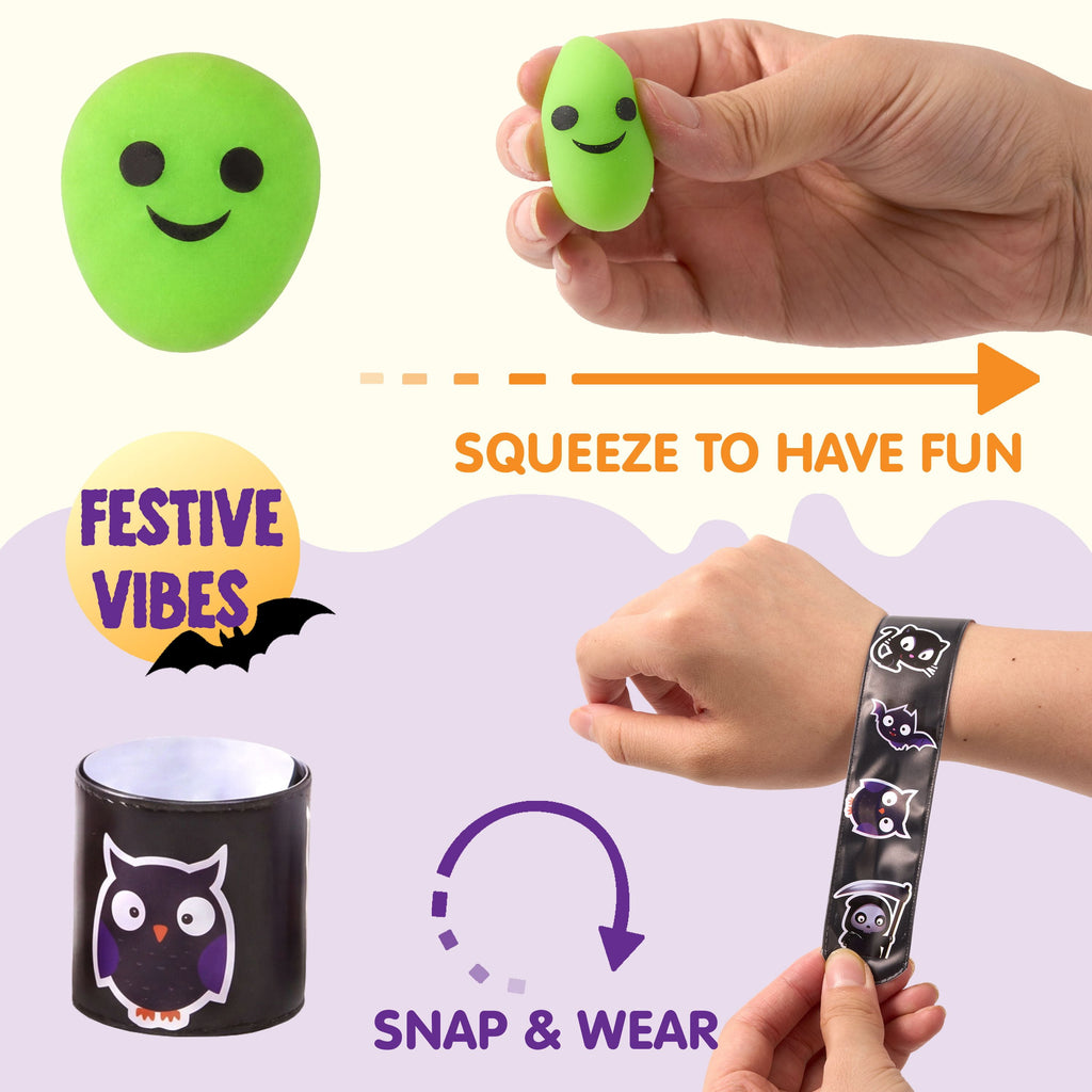 Joyfy 168 Pcs Halloween Stationery Party Favors,Halloween Gifts for Kids,Halloween Goodies Including Halloween Vampire Teeth,Spiders,Stamps,Stickers,Slap Bracelets