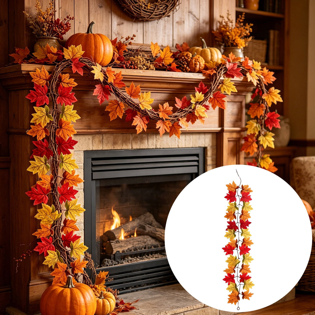 WKSCLPAI Halloween Maple Leaf Garland, Fall Vine Wreaths for Autumn Festivities Decor,Seasonal Garlands for Home,Halloween & Fall Decorations