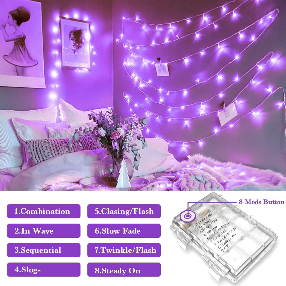 33ft 100 LED Pink Battery Lights for Bedroom, Pink Christmas String Lights with 8 Modes Remote Indoor Outdoor, Fairy Twinkle Lights for Room Party Tree Valentine