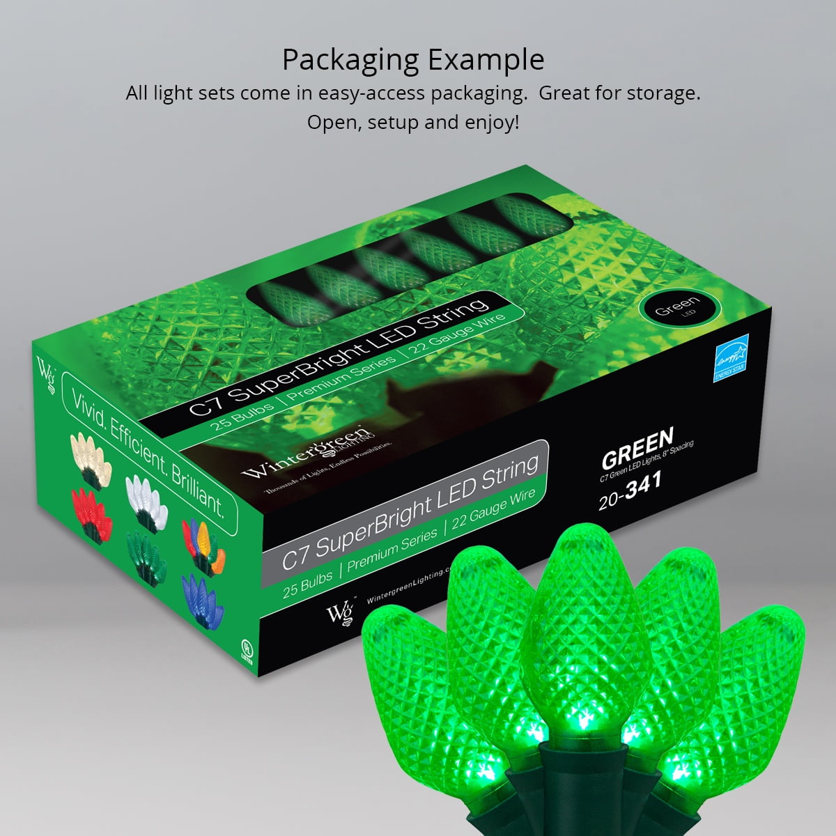 Wintergreen Lighting 25ct C7 LED Multi-Color Christmas Lights, 8" Spacing – Green Wire