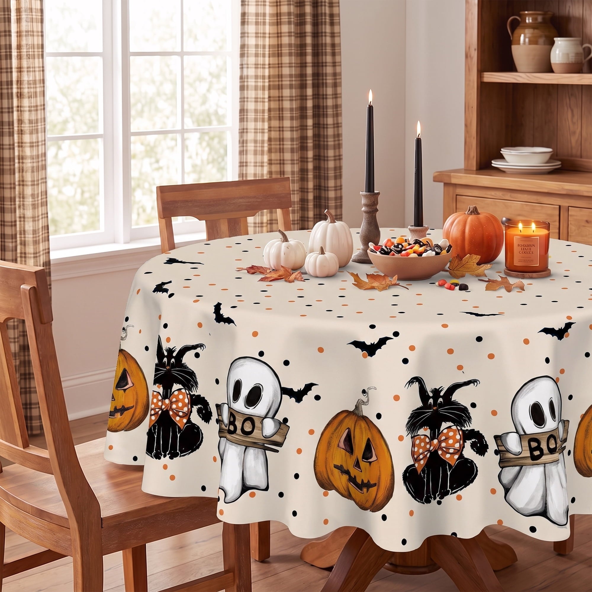 Sm:)e Ghost Cat Jack-O-Lantern Pumpkin Black Halloween Tablecloth 60 x 84 Inch, Wrinkle-Resistant & Machine Washable Table Cover for Dining Decor, Rectangle