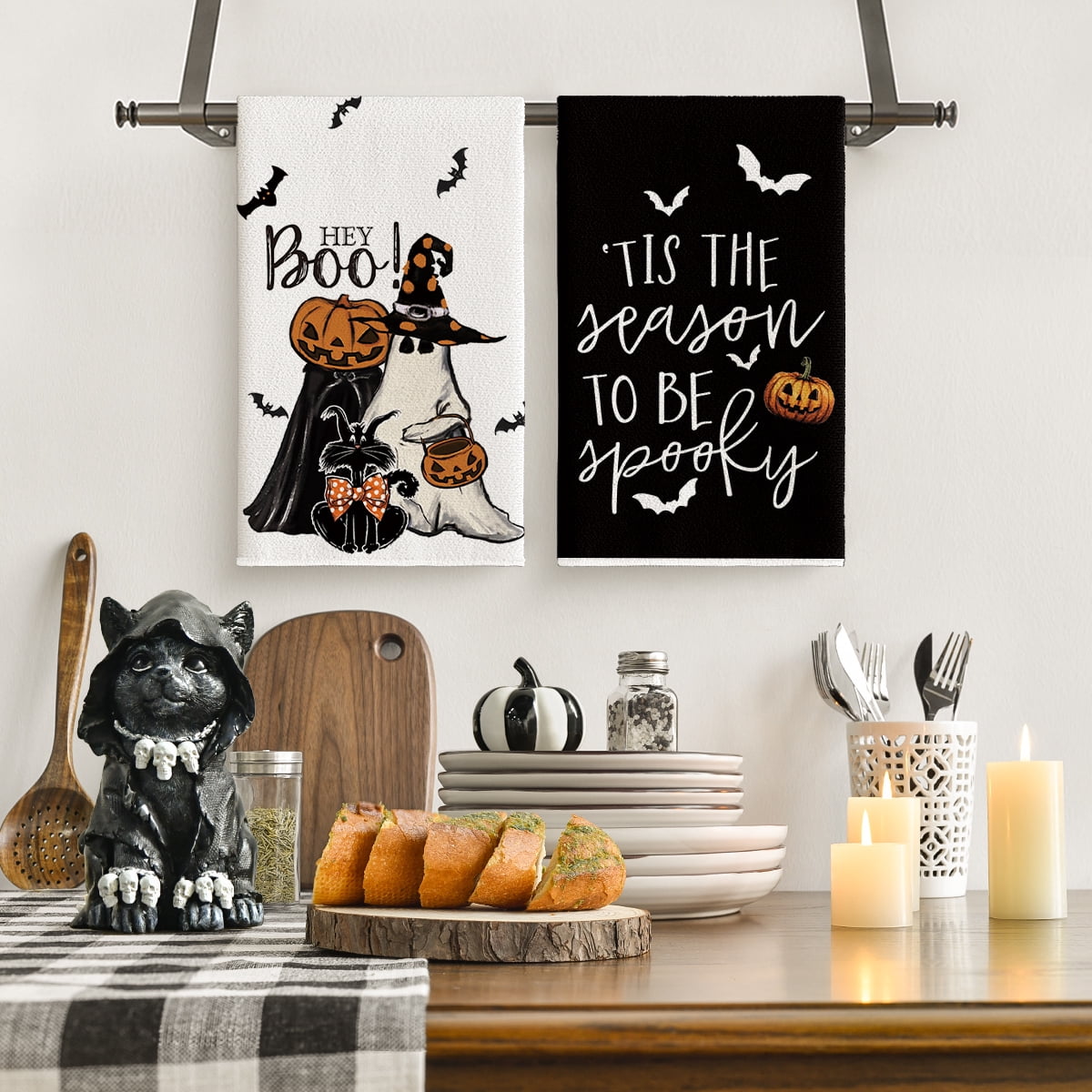 Sm:)e Spooky Pumpkin Ghost Boo Bat Halloween Kitchen Dish Towels 2 Set 18 x 26 inch