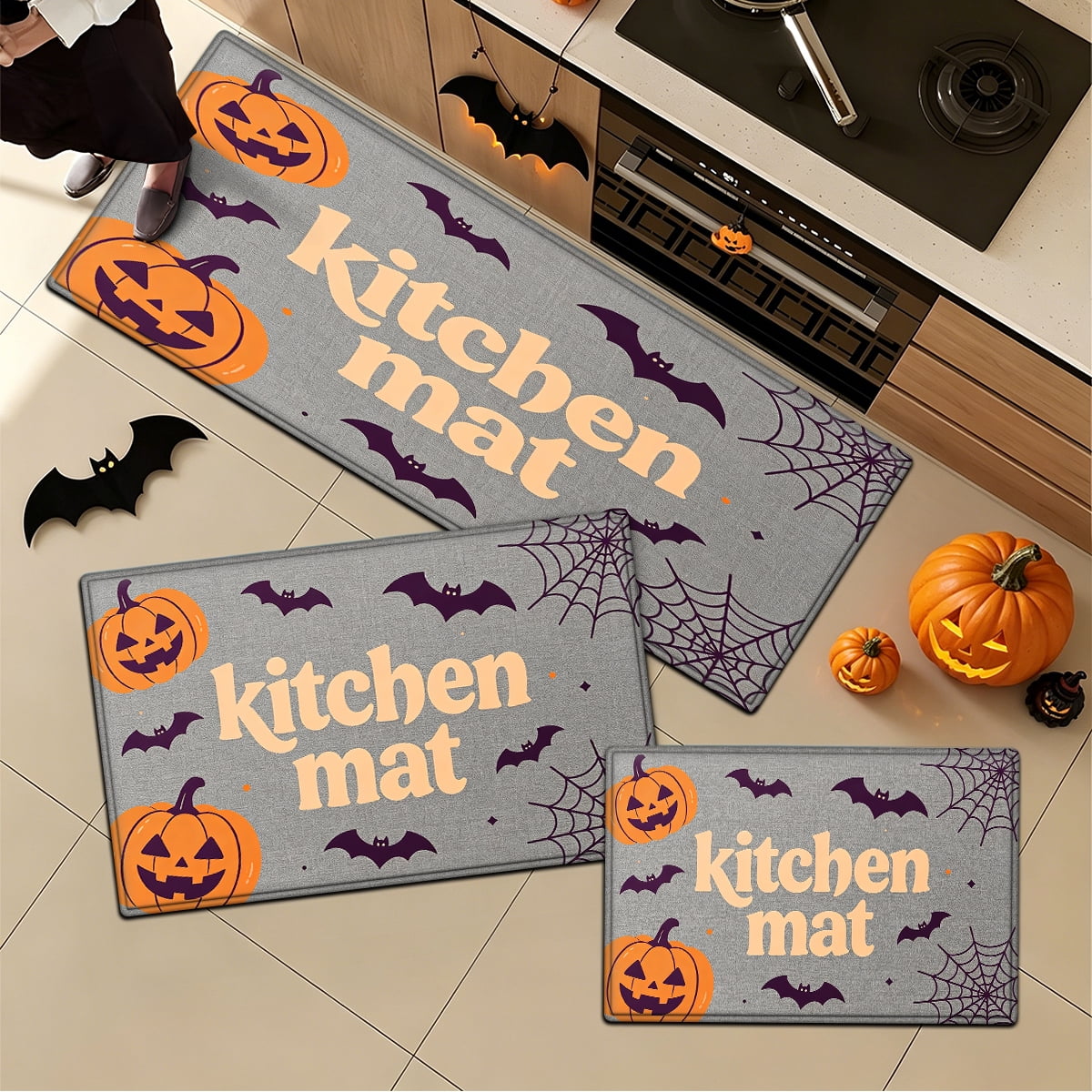 YIMEIS Halloween Pumpkin Lanterns 3Pcs Flannel Mat and Kitchen Rugs Set,Soft Non-slip,Perfect for Home Bathroom