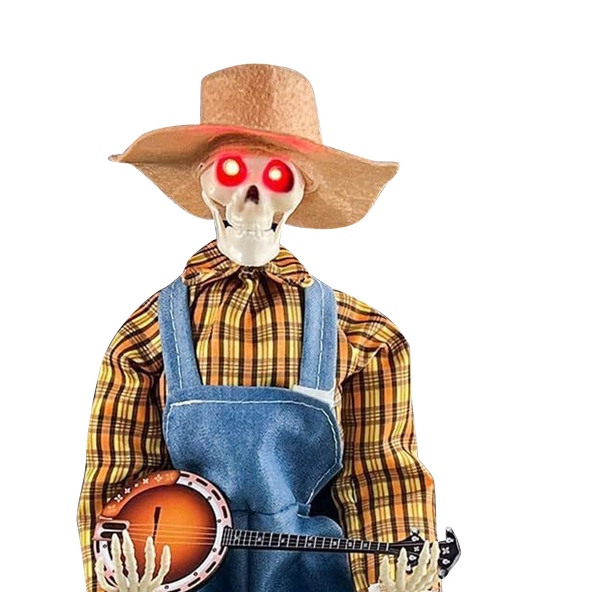 15" Animated Banjo Cowboy Skeletons with Clothes and Hat for Party Shelf Halloween Decorations(Red)