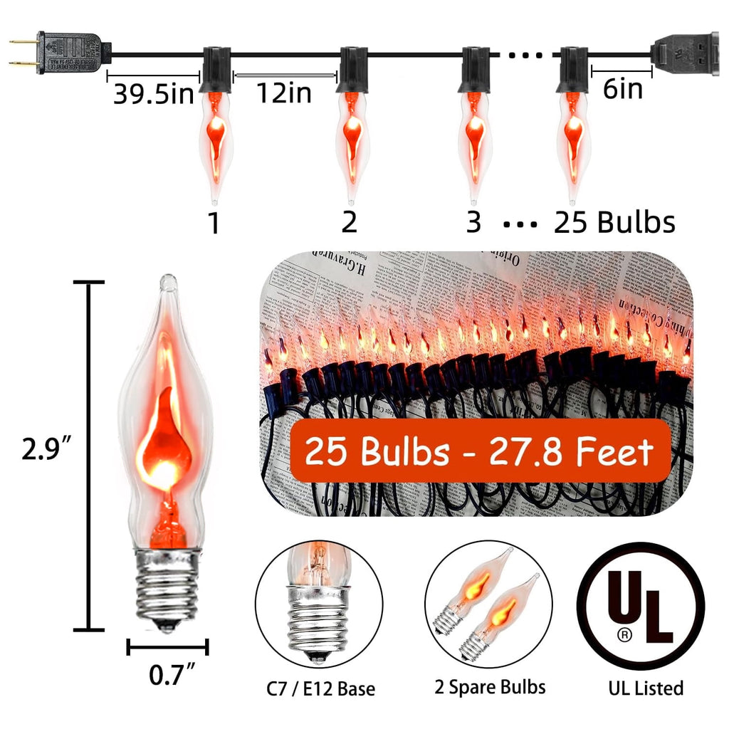 Halloween Lights Flickering Flame String Lights with 12 Pack C7 Orange Flame Light Bulbs (2 Spare), 12.8Ft Orange Flame String Lights for Indoor Outdoor Home Party Yard Halloween Decorations