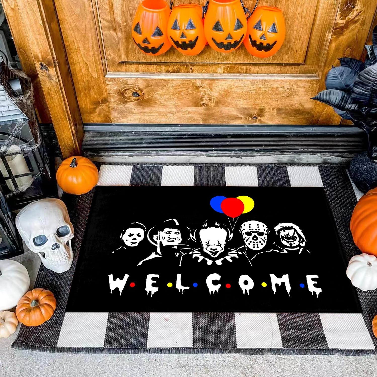Halloween Door Mat Welcome Mats 17 X 29 Inch Horror Movie Doormat Decorative Entrance Mat Non-Slip Rubber Backed Floor mat, Washable, Seasonal Welcome mat, Indoor/Outdoor entryway Decoration