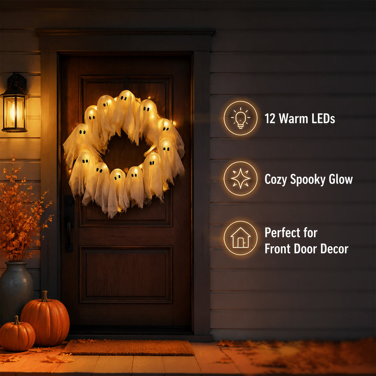 Halloween Glowing Ghost Wreath, Light-up Spooky Wreath with 12 Ghost Decor, RC, 6H Timer, Ideal for Halloween Party (A 12x3inch)