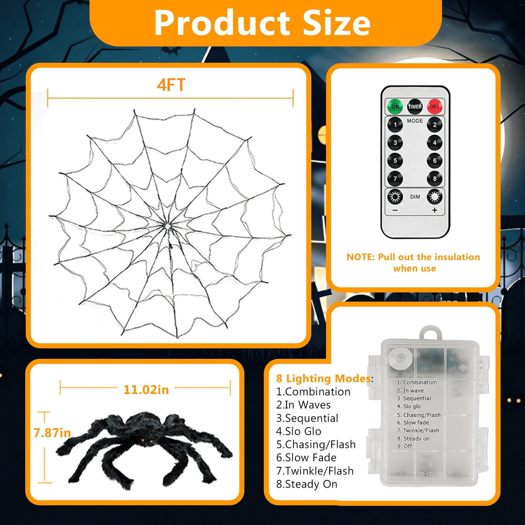 DAYBETTER Halloween Spider Web Lights, 4FT Purple LEDs with Hairy Black Spider, Remote Control, Waterproof for Indoor, Outdoor, Halloween Decor