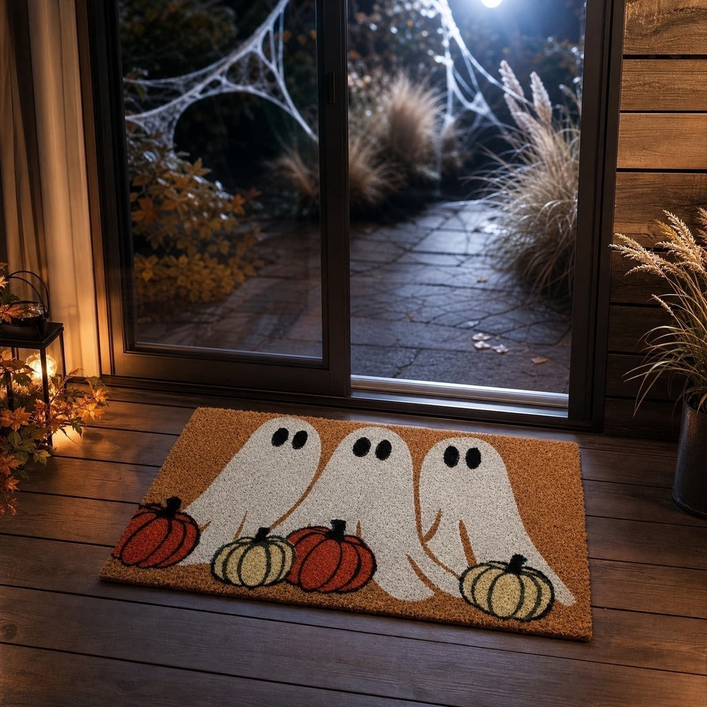Miwamany Halloween Ghost and Pumpkin Doormat, Cute Fall Welcome Mat, Non-Slip Indoor Outdoor Floor Rug for Front Porch Entryway Holiday Decoration