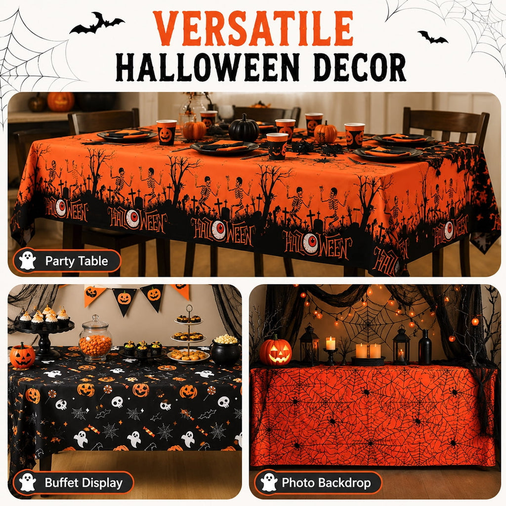 Halloween Tablecloth Decorations Halloween Party Supplies Plastic Disposable Rectangle Tablecovers Skeletons Ghosts Pumpkin Table Décor 3Pcs Design 2