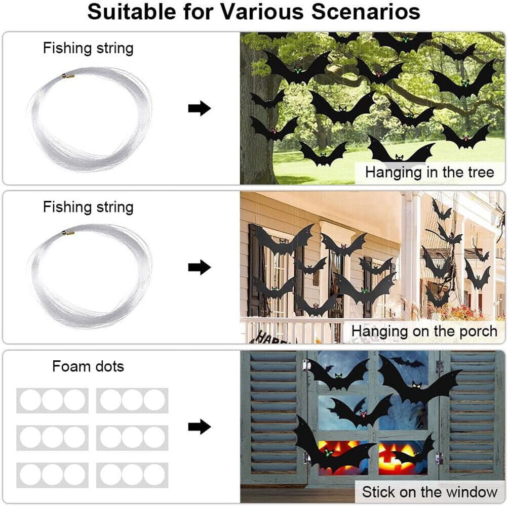 COSTYLE 18 Pcs Hanging Bats Halloween Outdoor Decoration 3 Different Sizes with Cute Eye Stickers for Hanging in The Tree, Porch, Yard, Lawn, Indoor