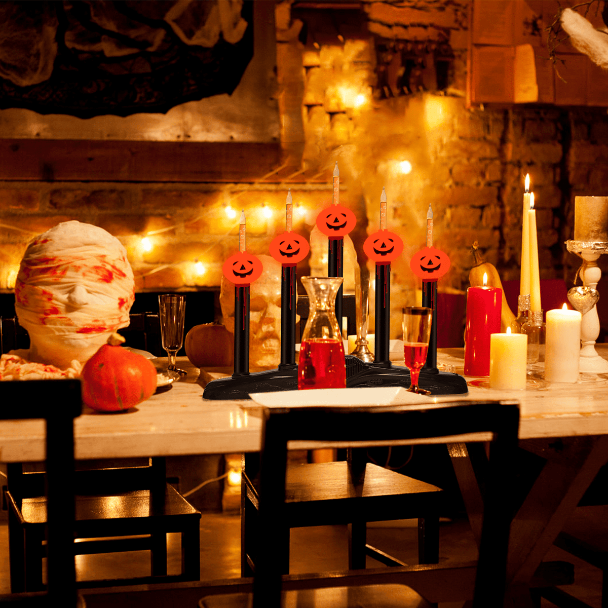 Halloween 5 Lights Pumpkin Bubble Candle Lamps, Plug in Electric Window Candle Lamps with 6 Pumpkins Bubble Lights(1 Spare), E12 Base, Vintage Candelabra Lights Great for Mantel Window Table Decor