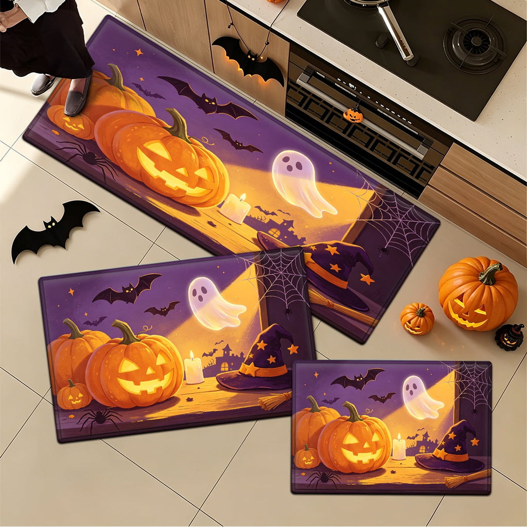 YIMEIS Halloween Pumpkin Lantern 3Pcs Flannel Mat & Kitchen Rugs Set,16''×24'' 20''×30'' 17''×47'' Inches,Soft Non-slip for Home Bathroom