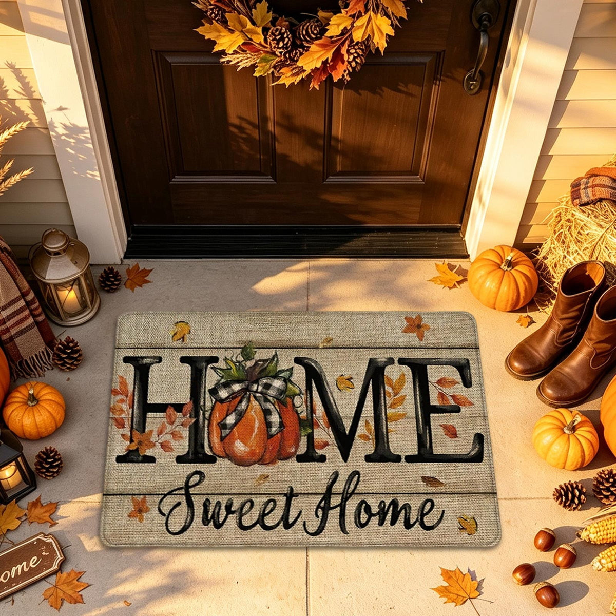 syligr Halloween Thanksgiving Doormat with Maple Leaf & Pumpkin Patterns - Non-Slip Floor Mat for Entryway, Kitchen, Porch, Fall Harvest Decor Rug with Anti-Fatigue Backing, Gift for Thanksgiving