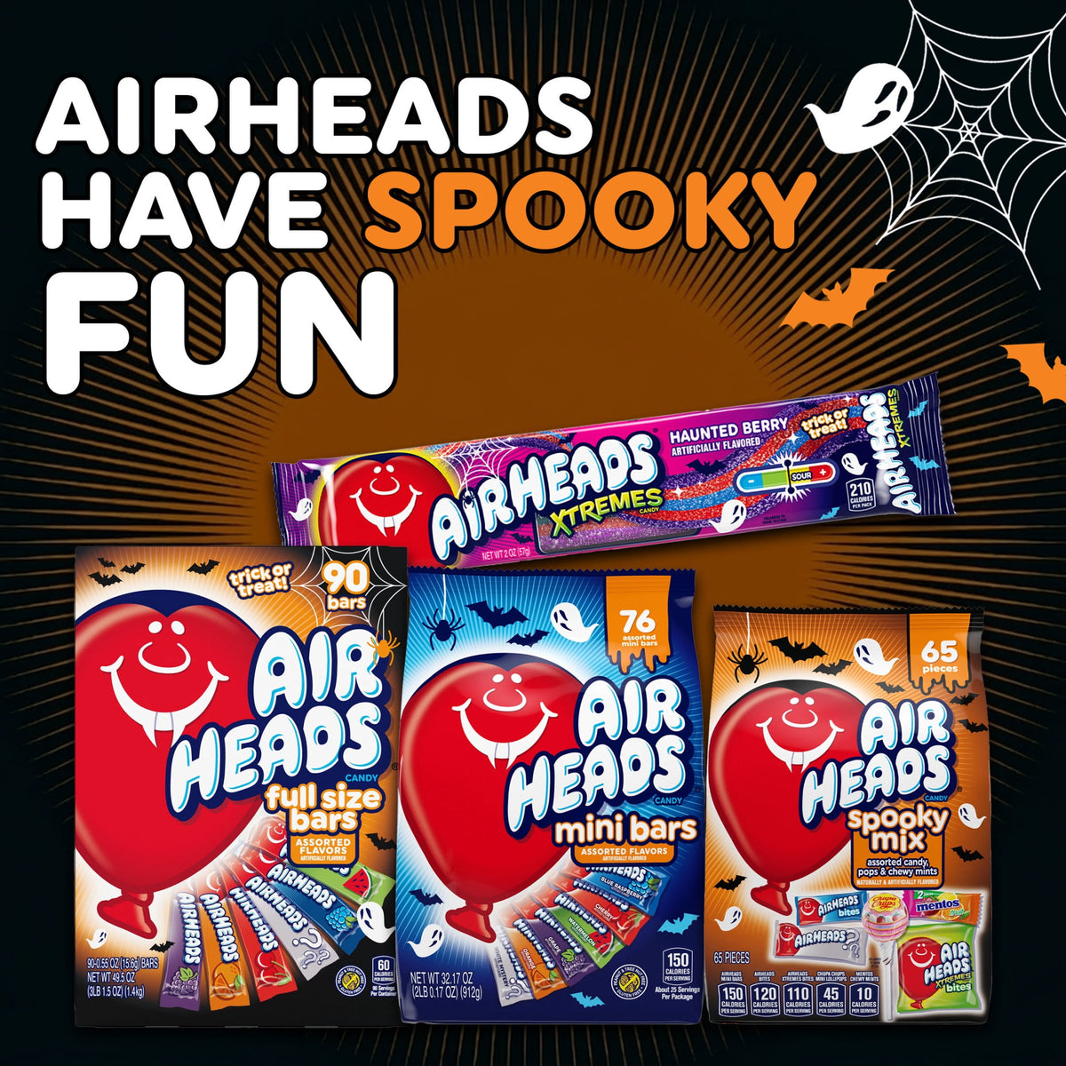 Airheads Halloween Chewy Candy Bars, Assorted, Nut Free, Regular Size, 33oz, 60 Count