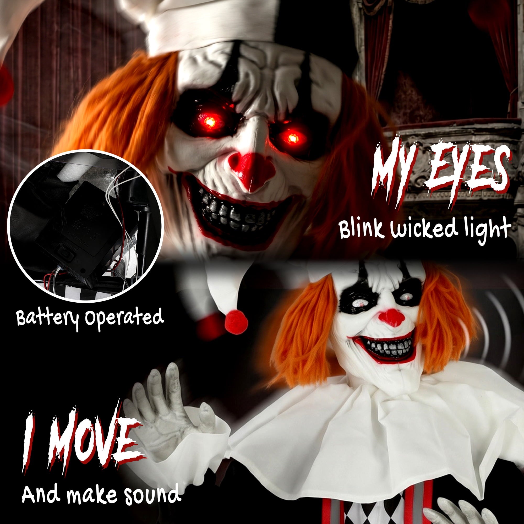 HOMCOM Large Animated Clown Halloween Decorations with Sound Touch Activated, Light Up Eyes, Animated Prop