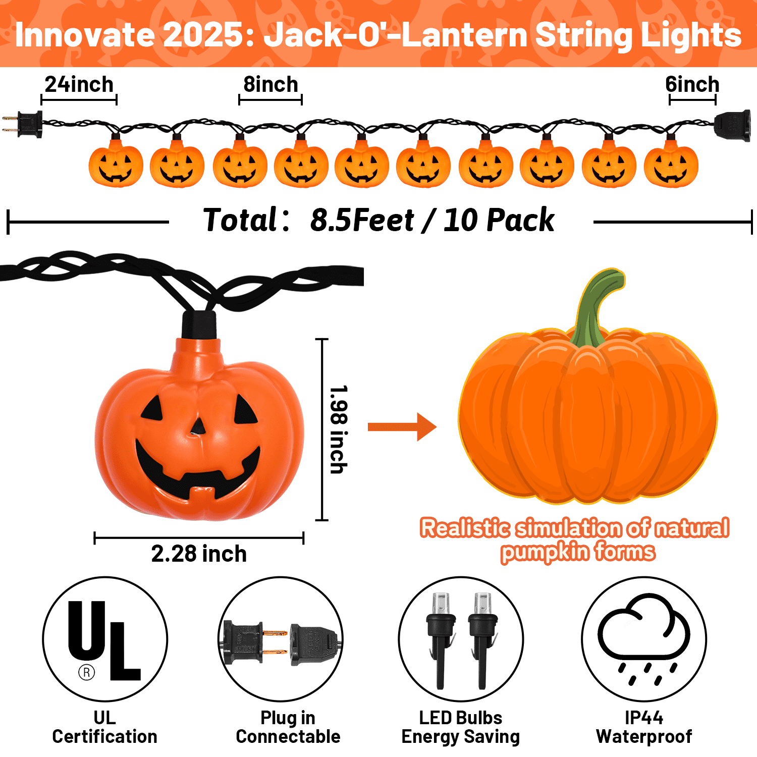 Halloween Pumpkin String Lights, 8.5Ft Outdoor Halloween Decorations Lights with 10 Jack-O-Lantern Lights, Hanging Pumpkin String Lights Party Patio Garden Window Decor