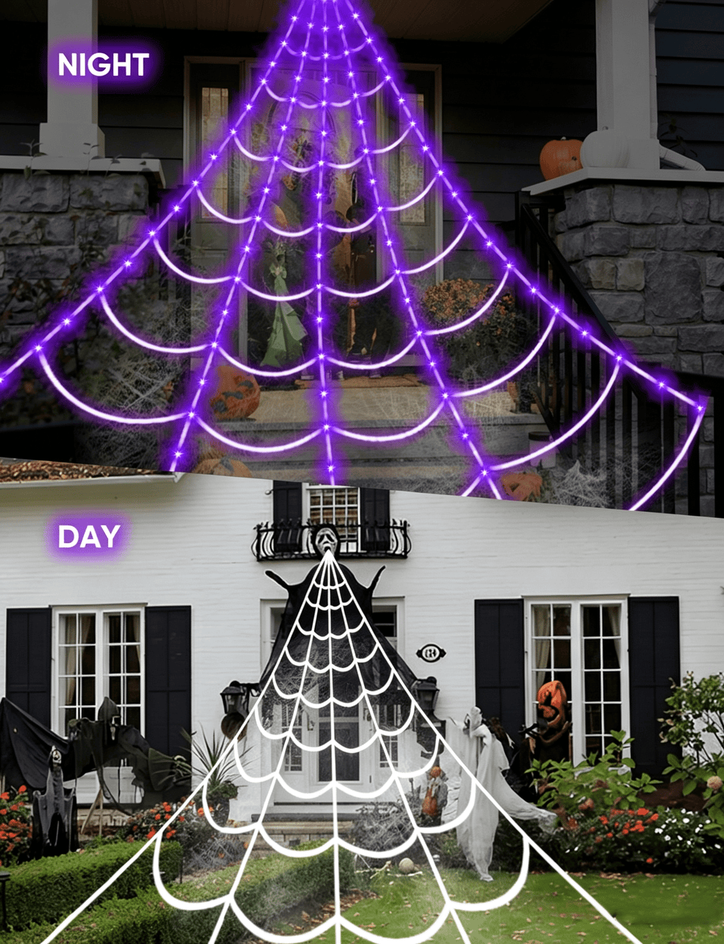Halloween Decorations Spider Web Lights,4FT Diameter 70 LED with Black Spider, Waterproof Net Lights, Remote Control, 8 Modes Cobweb Halloween Decorations for House Garden Indoor Outdoor (Purple)
