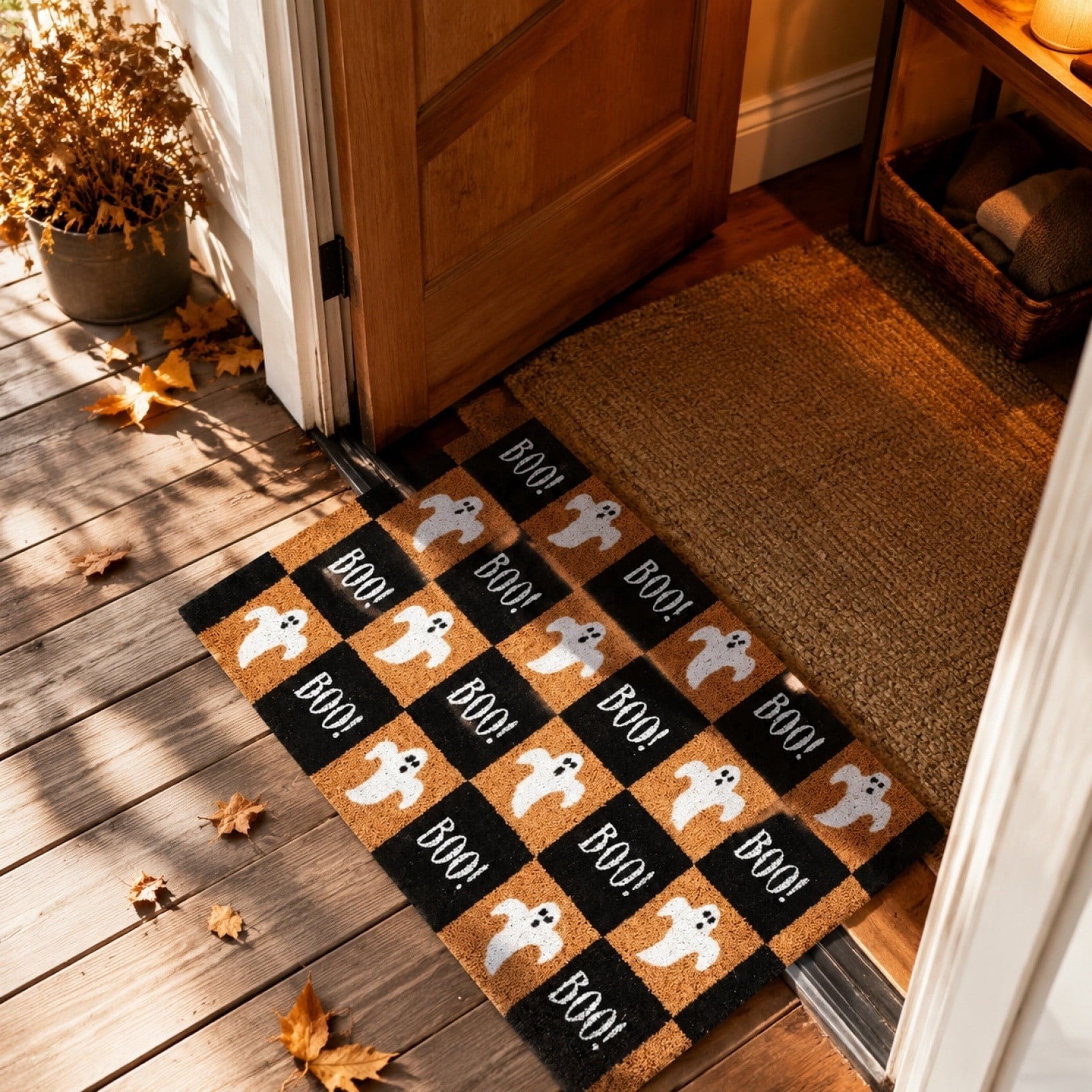 2026 Halloween Outdoor Decorations Halloween Ghost Doormat 50x80 Cm Black And Orange Checkered For Front Doors Porches And Holiday Decorations