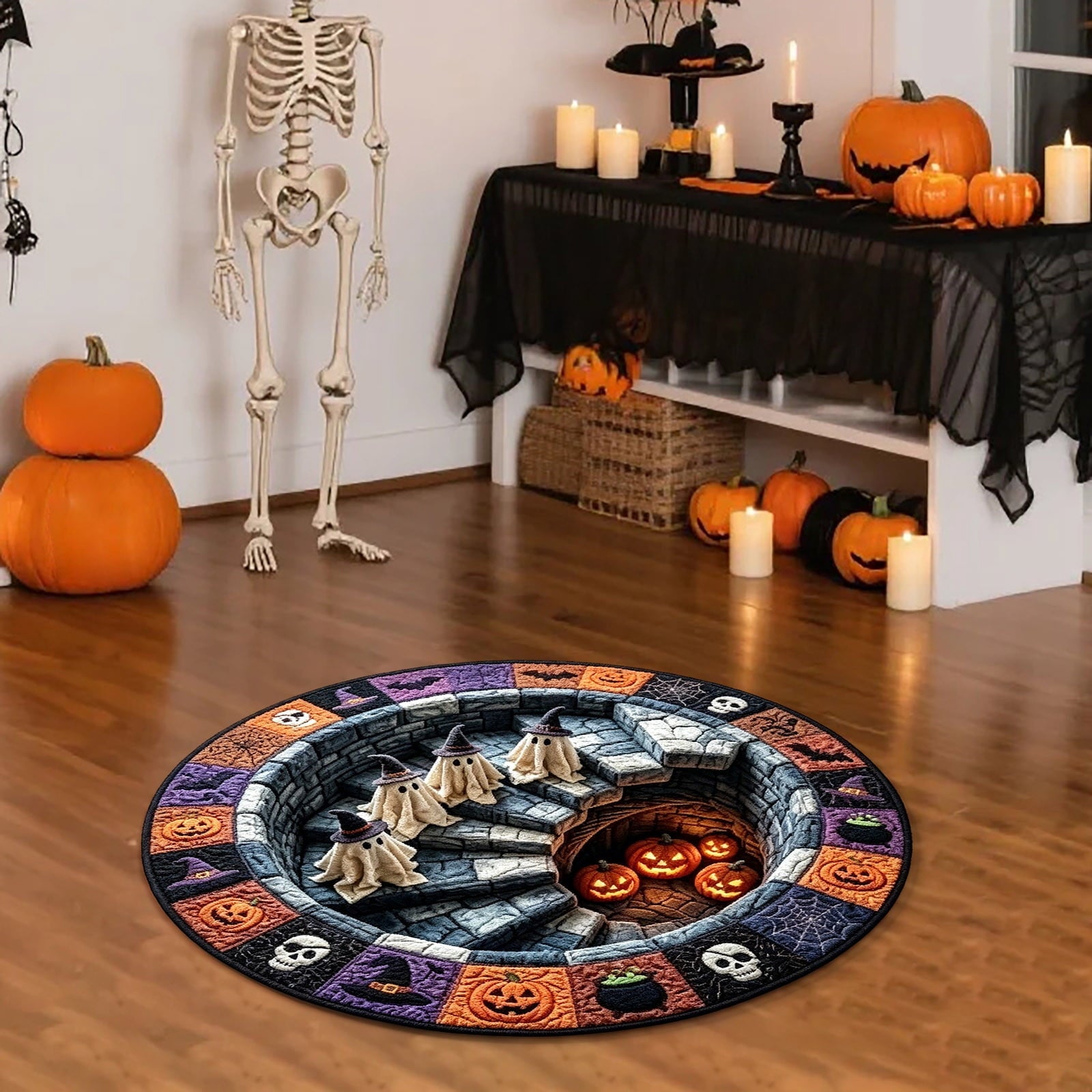 HHJZPR 3D Optical Illusion Halloween Round Rug, 23.6 Inch Spooky Pit Well Ghost Pumpkin Circular Floor Mat, Non Slip Halloween Indoor Front Door Decor Carpet