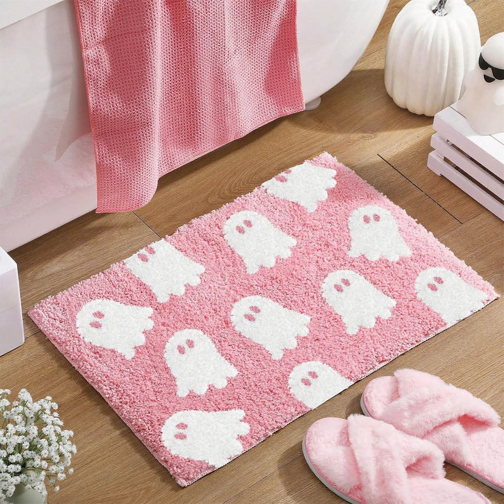 HHBEAUTY Pink Ghost Bath Mat Soft Halloween Bathroom Rug Non Slip Cute Spooky Ghost Bathroom Decoration Shaggy Plush Microfiber Rug Halloween Decor for Home Bedroom Shower Floor, 15.75 x 23.62"