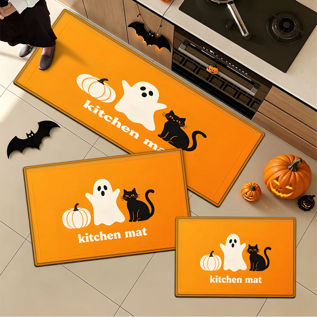 YIMEIS Halloween White Pumpkin Multi-purpose 3-Piece Flannel Mat and Kitchen Rugs,Soft Non-slip for Home Bedroom Bathroom