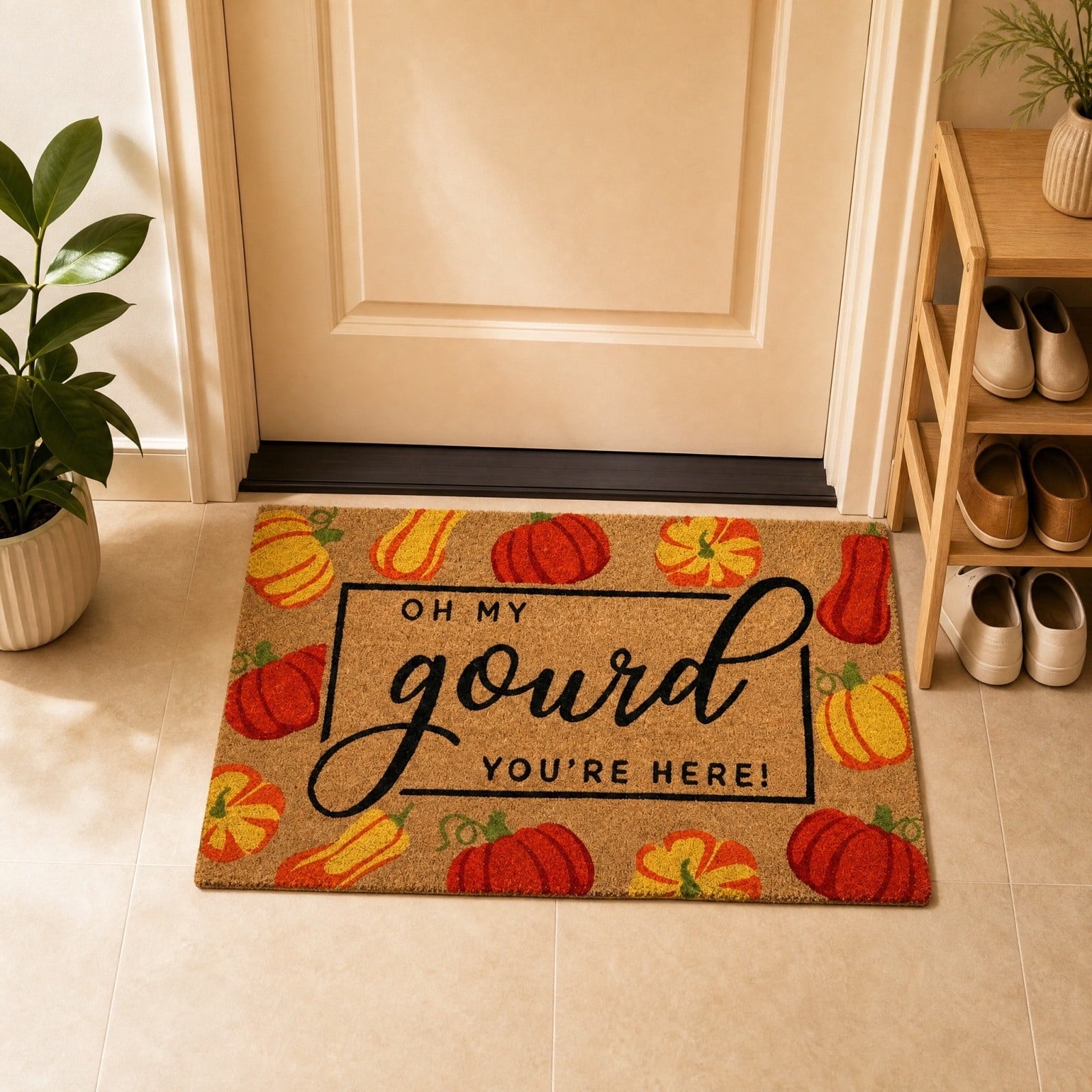 Fall Pumpkin Coir Doormat, Oh My Gourd Anti-Slip Front Door Mat Vintage Harvest Thanksgiving Halloween Entryway Floor Rug