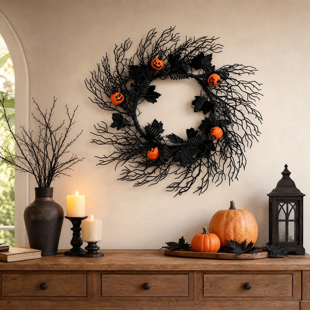 WWC Halloween Wreath, 18 inch Black Bats and Bare Branch Wreath, Gothic Halloween Decor Twig Wreath for Halloween Party Front Door Porch and Fireplace