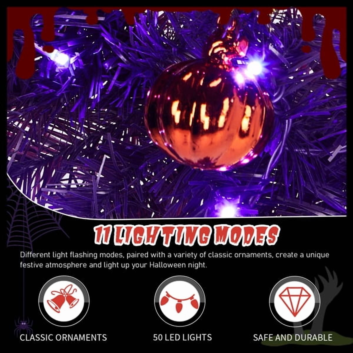 Alvantor 24 in Pre-Lit Halloween Wreath with 50 Purple and Orange LED Lights, 100 PVC Tips, DIY Ball Ornaments, Battery Powered, Purple