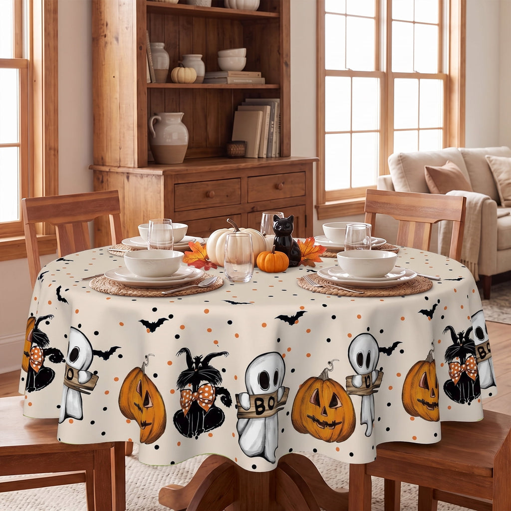 Sm:)e Ghost Cat Jack-O-Lantern Pumpkin Black Halloween Tablecloth 60 x 84 Inch, Wrinkle-Resistant & Machine Washable Table Cover for Dining Decor, Rectangle