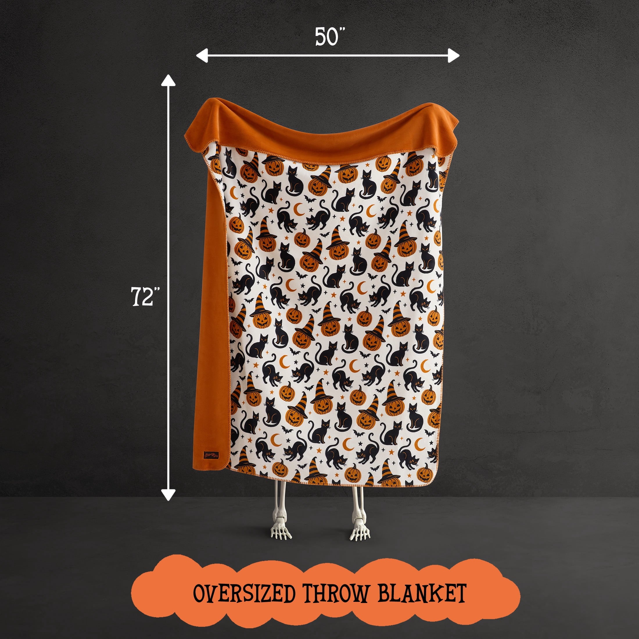 Boo-tique Halloween Plush Soft Oversized Couch Throw Blanket, Cats and Pumpkins, Orange, 50 x 72 in
