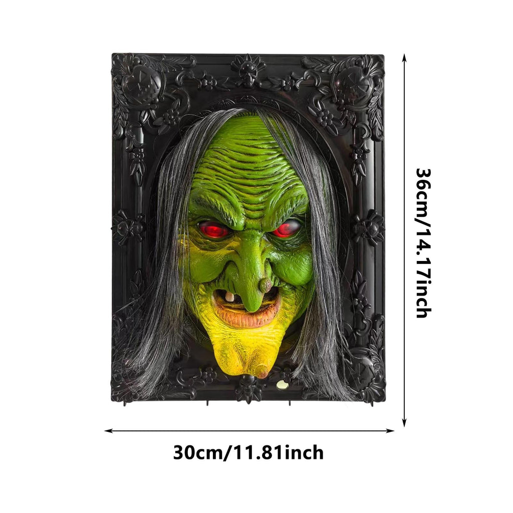 Leeye Motion Sensor Halloween Witch Wall Hanging, Haunted Talking Witch Picture Frame with Sound Activation, Scary Animated Witch Wall Decor for Indoor Party Haunted House