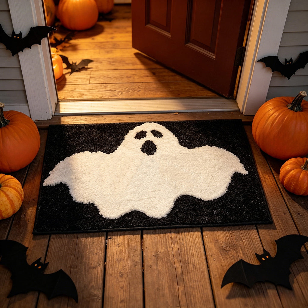 BingTong Cartoon Ghost Themed Fall Welcome Mat,Variety Spooky Adorable Ghost Shape Entryway Rug,Weather Resistant Low Profile Door Mat for Home Apartment Cafe Halloween Decoration Ghost F