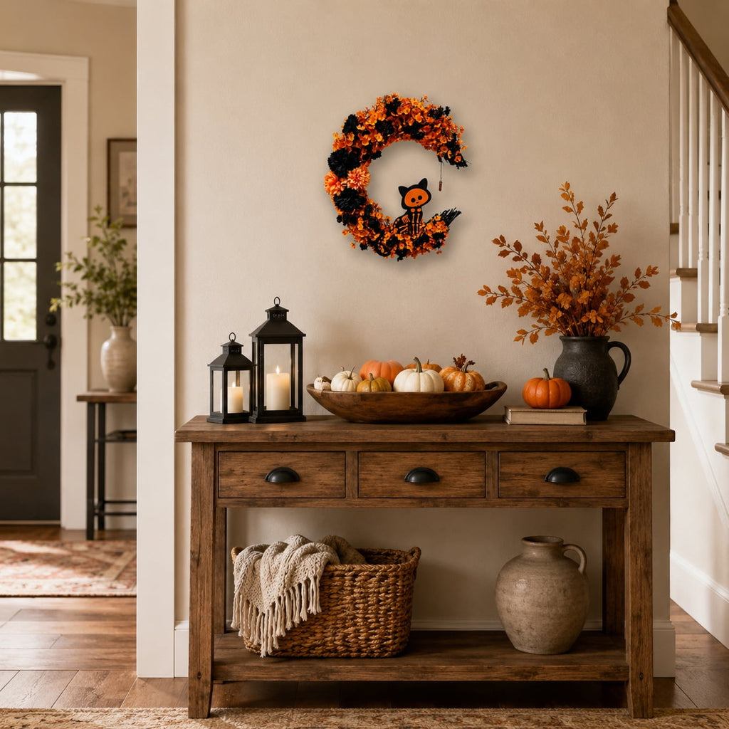 15.7" Artificial Halloween Skeleton Cat Moon Wreath, Orange Black Floral Crescent Decor for Front Door, Porch & Wall, Plastic & Fabric