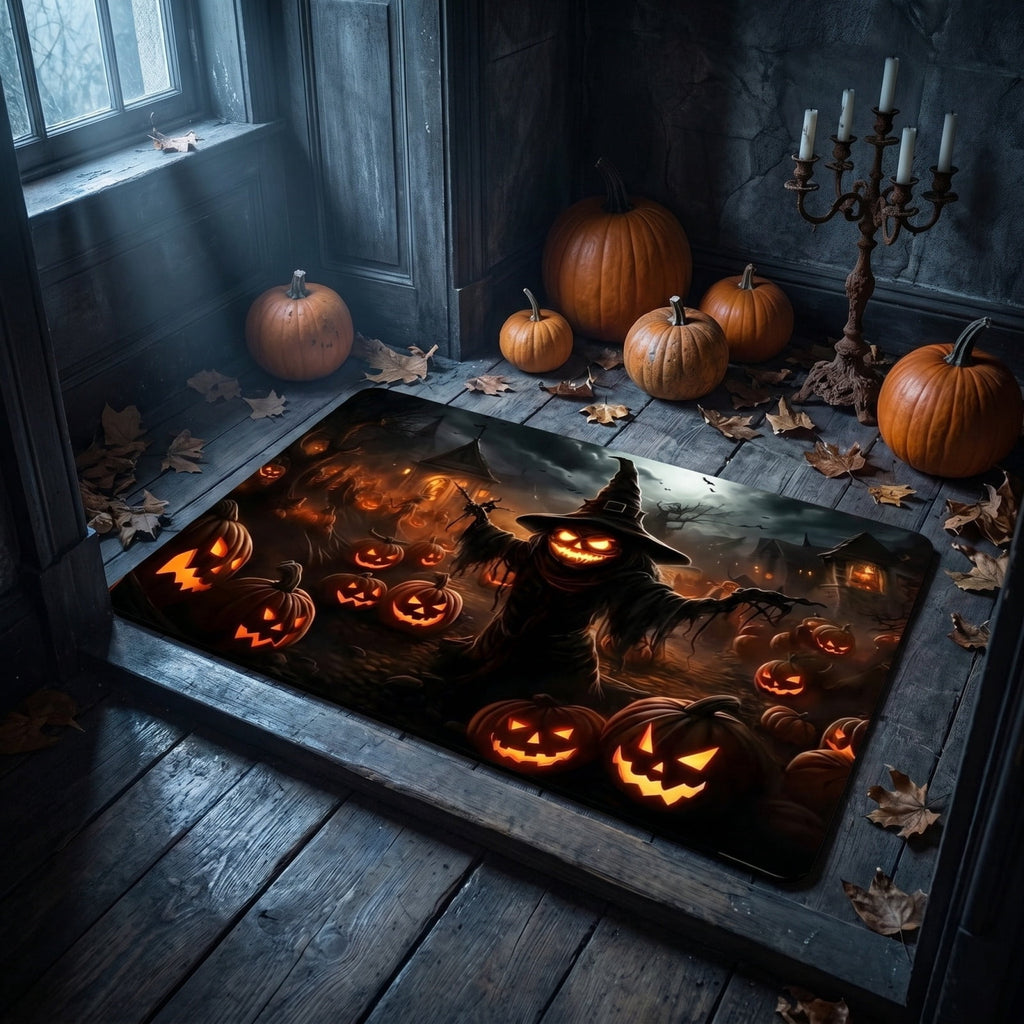 Halloween Themed Doormat Entryway Rug, Spooky Pumpkin Front Door Mat for Trick or Treaters, Non Slip Washable Mat for Indoor and Outdoor, Festive Halloween Floor Decoration for Home