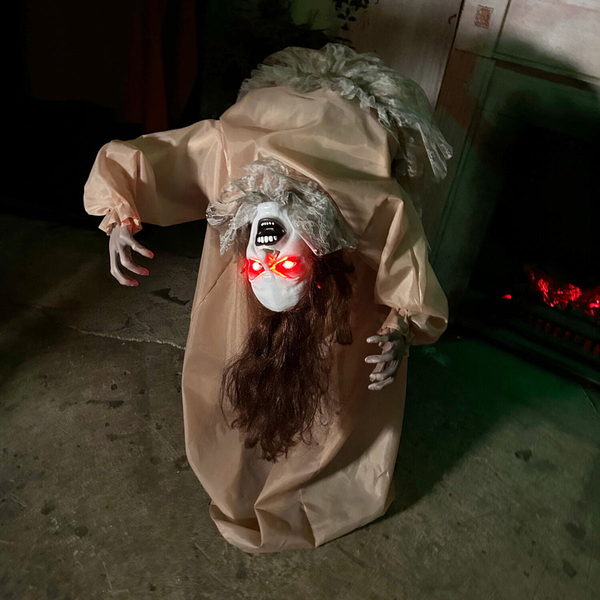 Haunted Hill Farm 3.4 ft Touch-Activated Animated Possessed Backbend Lady Halloween Animatronic, HHLADY-15FLSA