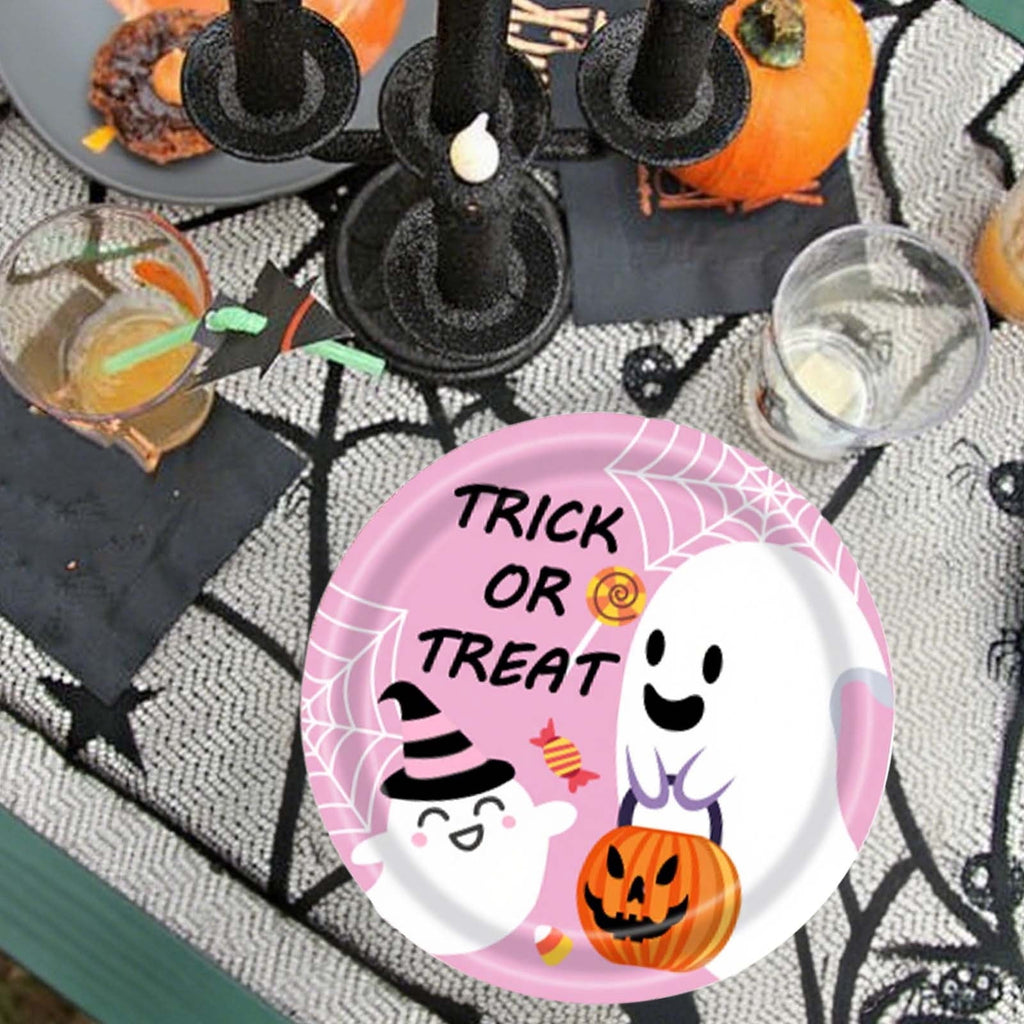 Eoozwa Pink Halloween Party Plates Set 20pcs Disposable Paper Plates and Napkins Cute Pumpkin Ghost Flower Tableware for Halloween Birthday Party Decoration Party Supplies