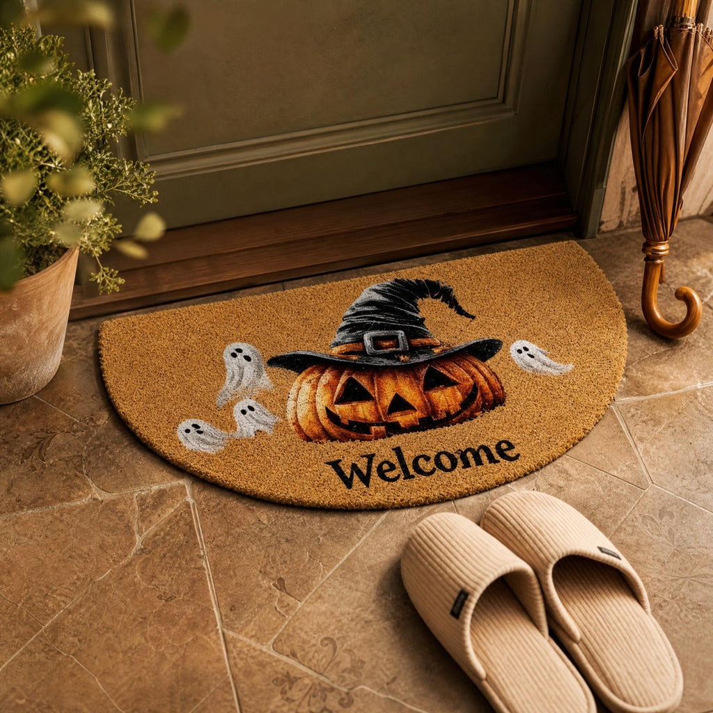 Xevrion Halloween Home Decor,Half Halloween Welcome Doormat Pumpkin Ghost Non- Entry Floor Mat Thickened Scraper Rug Care For Front Porch Holiday Decor,24*16IN