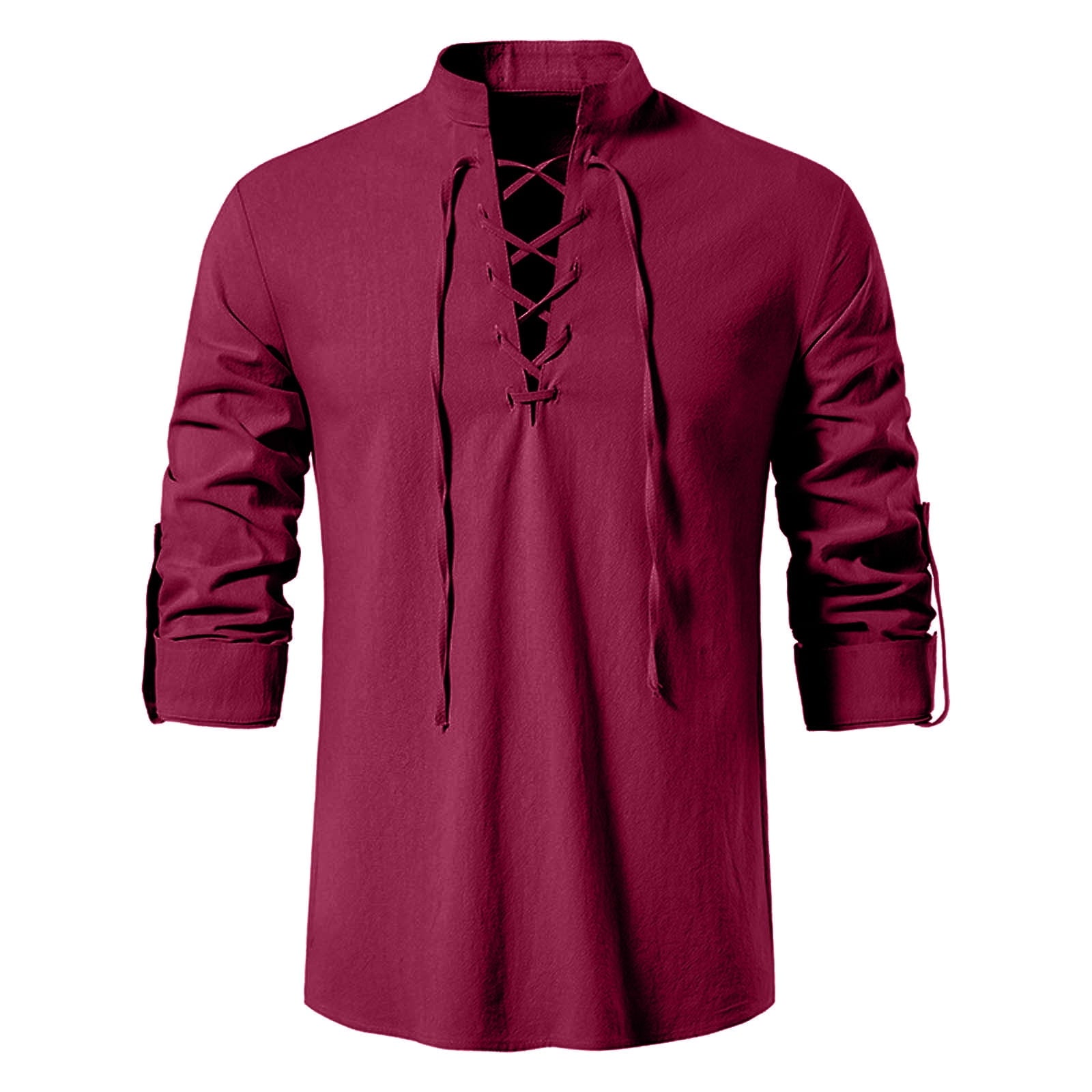BVWKPCV Men's Renaissance Shirt Pirate Medieval Viking Top Linen Long Sleeved Halloween Costume Wine XL