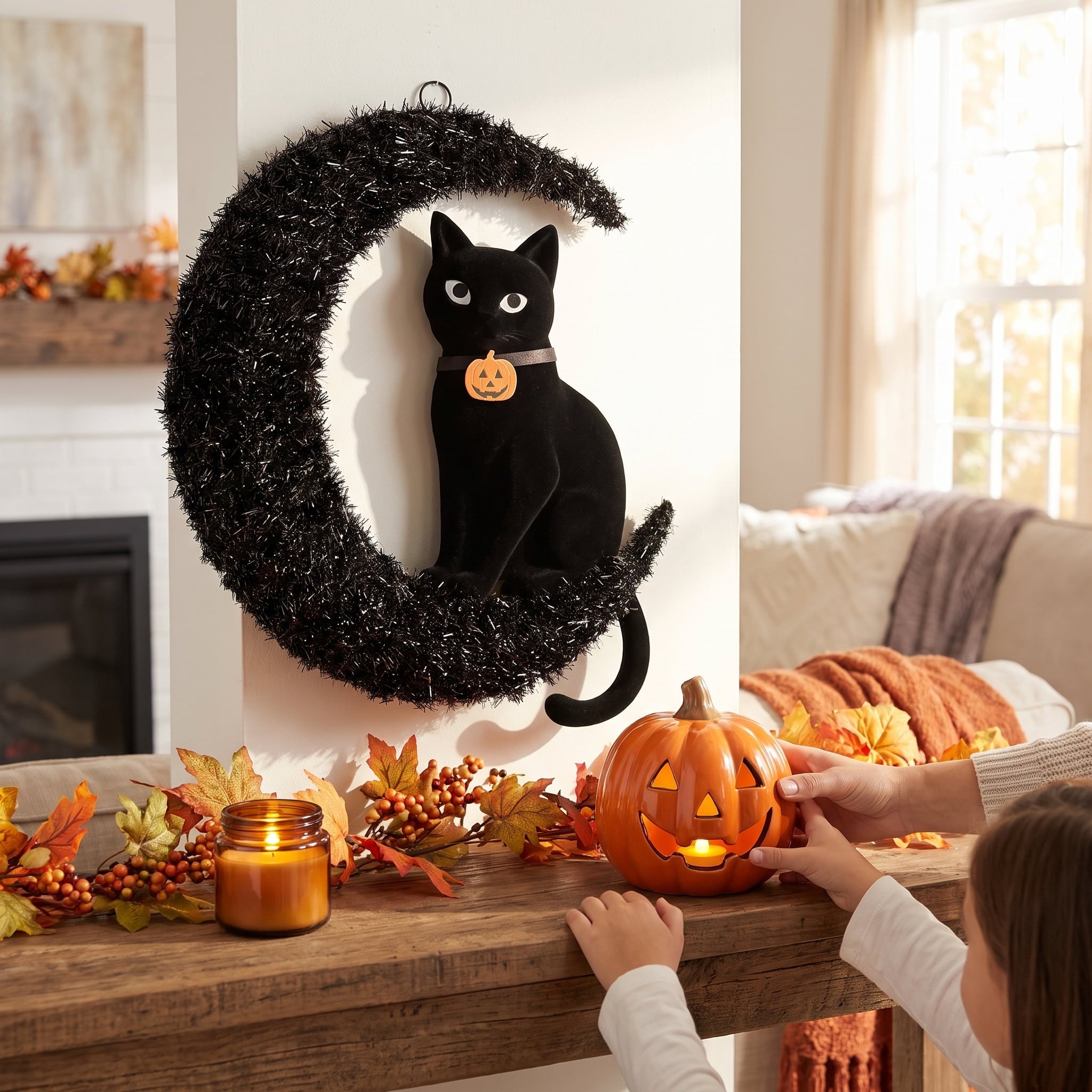 Moon and Cat Wreath, Black, 20" x 24", Halloween by Way To Celebrate