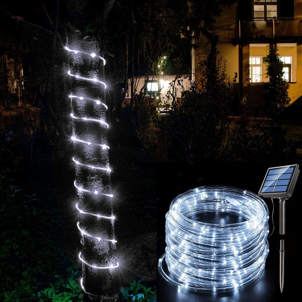 Solar Rope Lights Outdoor Waterproof 100LED Tube String Lights with USB Rechargeable Timer 8 Modes Dimmable Twinkle Fairy String Light for Trampoline Yard Pool Party Wedding Christmas