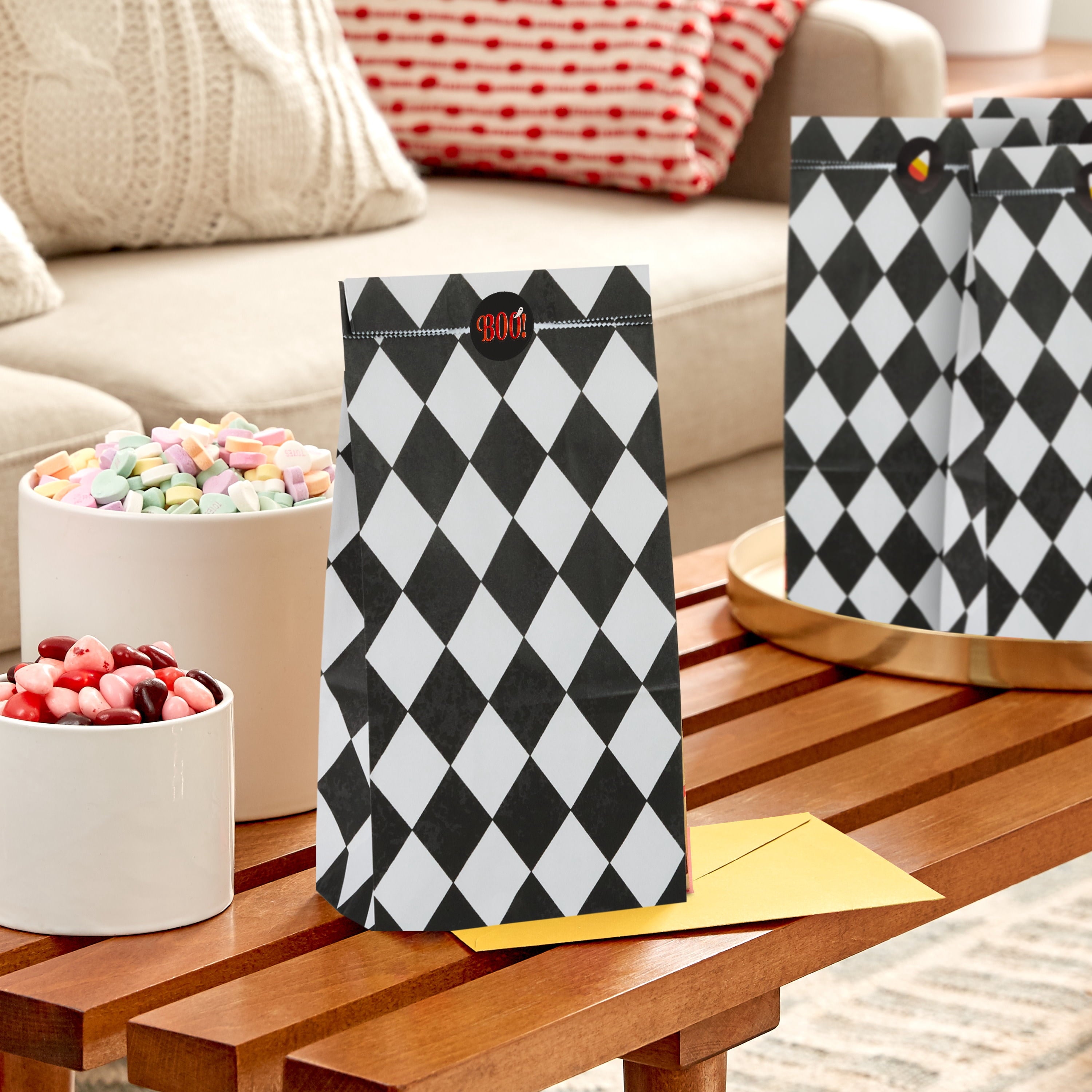 Hallmark Halloween Goodie Bags With Stickers (Black Checkered), 12 Count