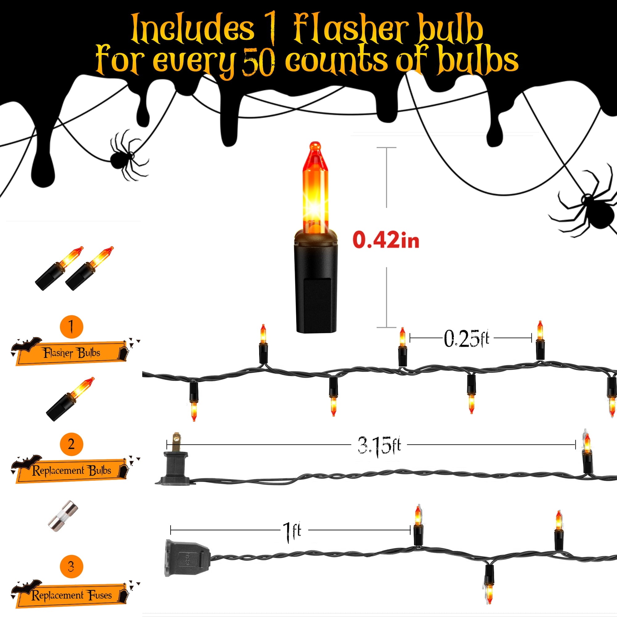 DAYBETTER Halloween String Lights, 32.8ft 100ct Incandescent Mini Lights, with 100 Count Orange Waterproof Bulbs, for Party, Yard, Christmas Tree, Halloween Decorations
