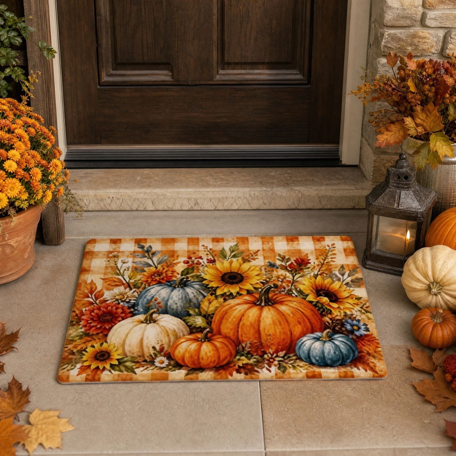 syligr Halloween Thanksgiving Doormat with Maple Leaf & Pumpkin Patterns - Non-Slip Floor Mat for Entryway, Kitchen, Porch, Fall Harvest Decor Rug with Anti-Fatigue Backing, Gift for Thanksgiving