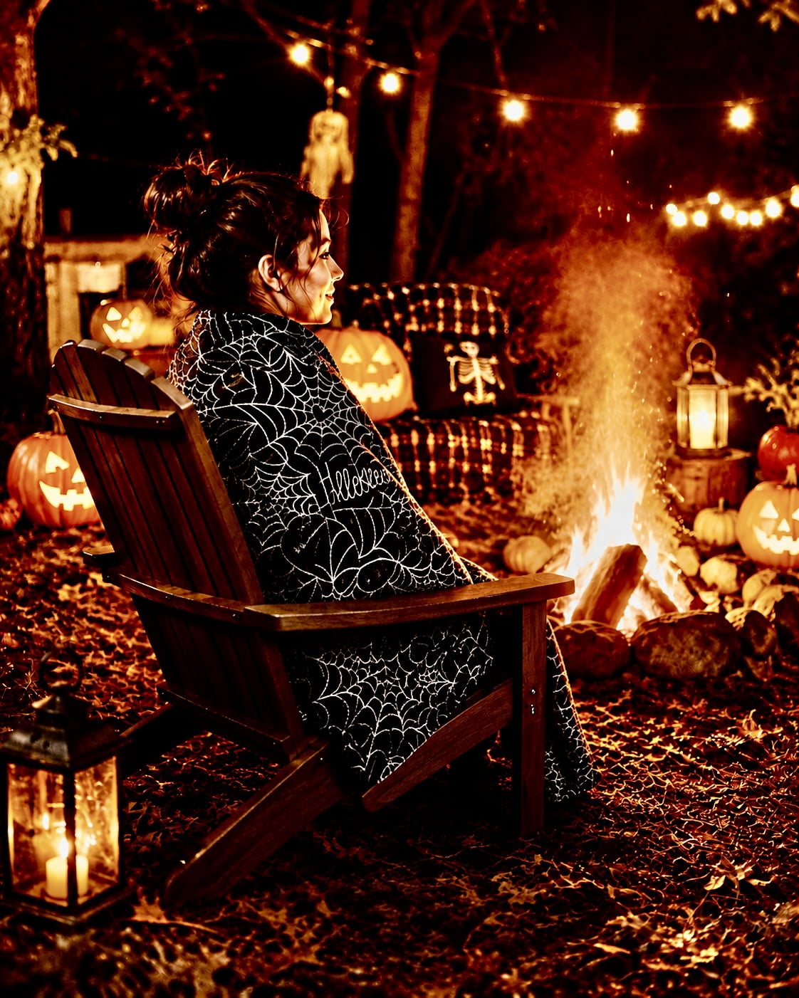 Serafina Home Halloween Throw Blanket: Fuzzy Boo! Jack O'Lantern Spider Webs Skull and Black Cats Print on Velvet Fleece for Sofa Bed Couch Chair Dorm