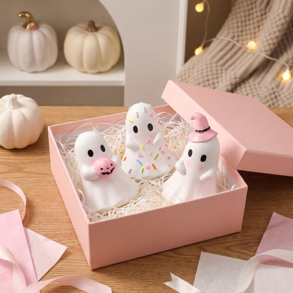 Pink Halloween Decor Ghost Candy Bowl Figurine with Bow and Scalloped Holder for Indoor Tabletop Decor and Party Favor Display