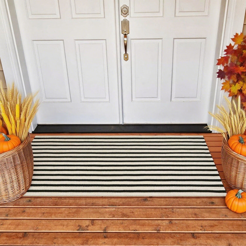 Fall Front Door Mat 15"x24", Black and Khaki Striped Layered Door Mat Outdoor, Washable Farmhouse Front Porch Rug Halloween Thanksgiving Decorations, Cotton Hand Woven Entryway Rug