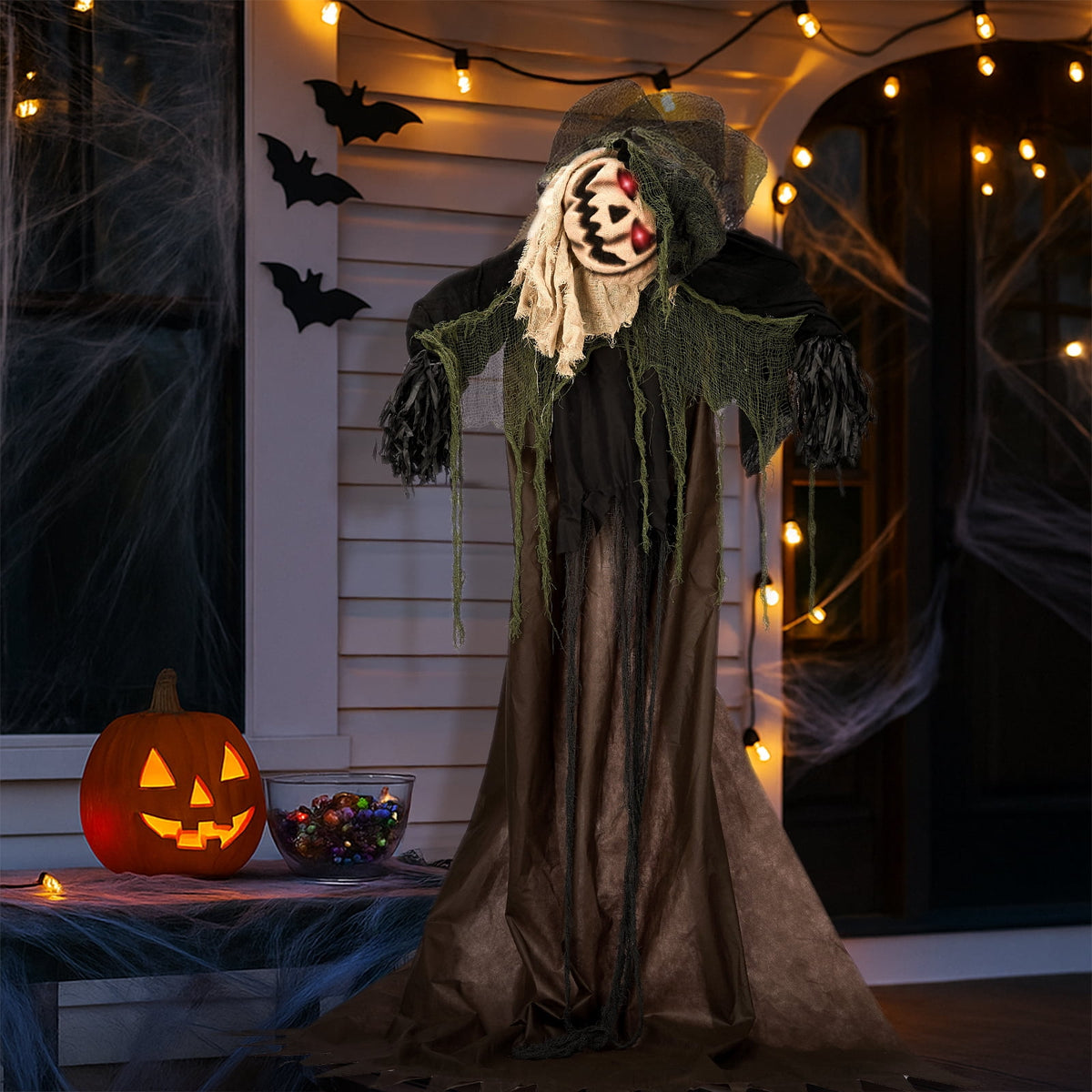UBesGoo 6' Ghost with The Pumpkin Head Halloween Animated Animatronic Decoration, Halloween Pumpkin Skeleton Outdoors